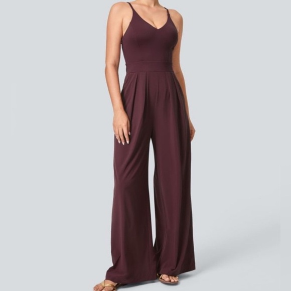 Halara Breezeful Backless Wide Leg Jumpsuit Amaranth Burgundy size Large - Picture 1 of 11